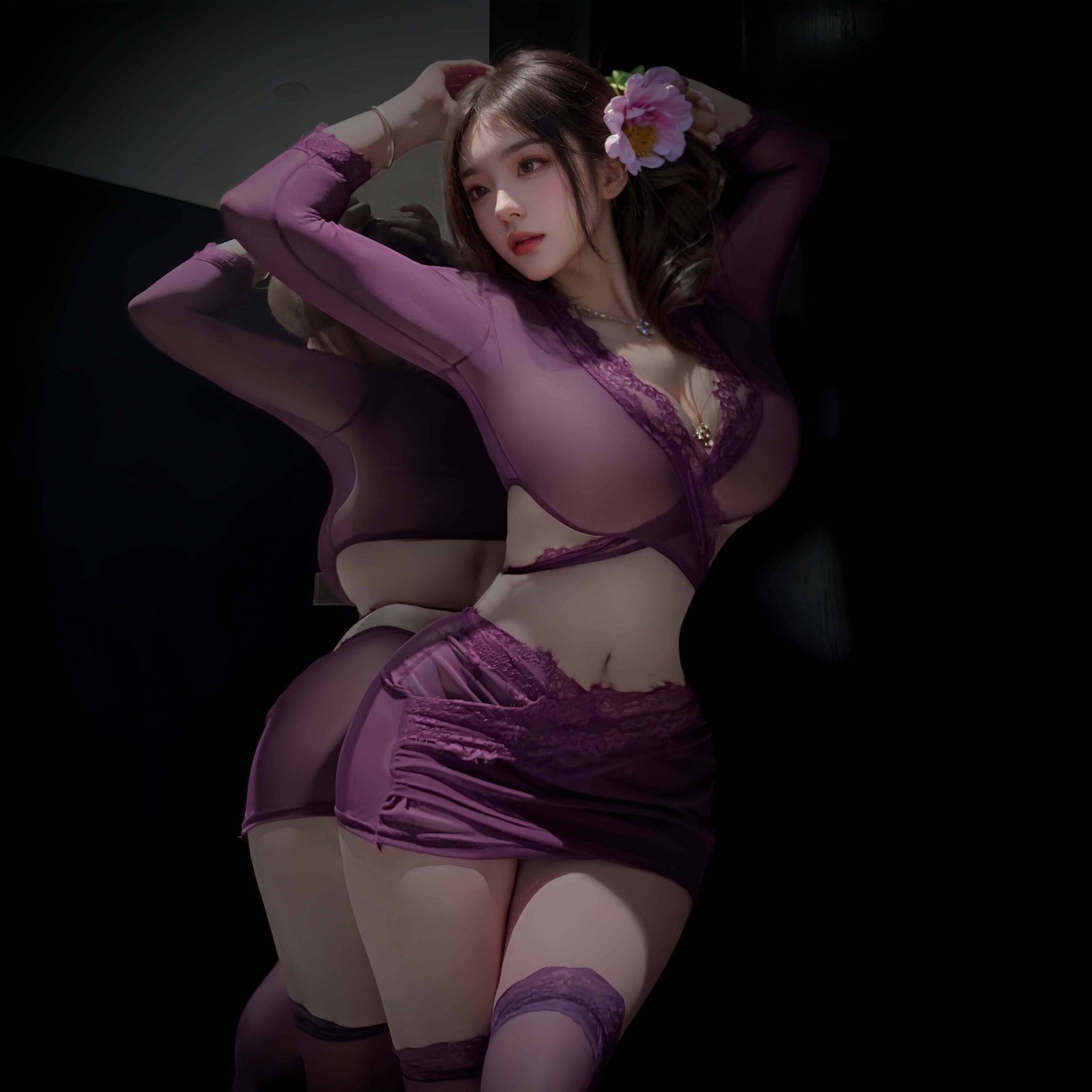 Wholesale Purple Lace Mesh Lingerie Set - Plus Size Sexy Lingerie Supplier - Image 4