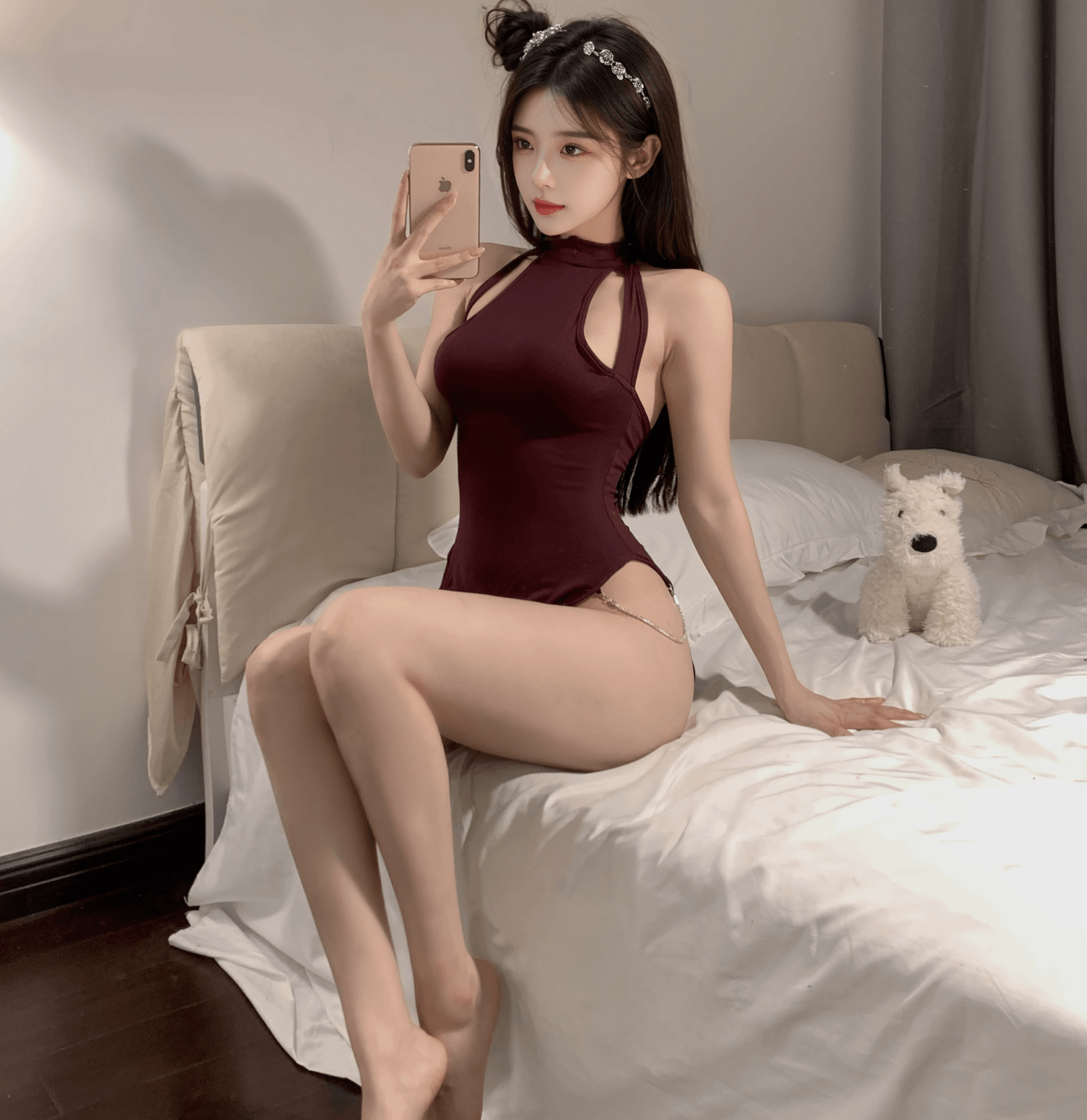 Wholesale Qipao Dress - Burgundy Halter Lingerie with Chest Cut-Out - Image 4