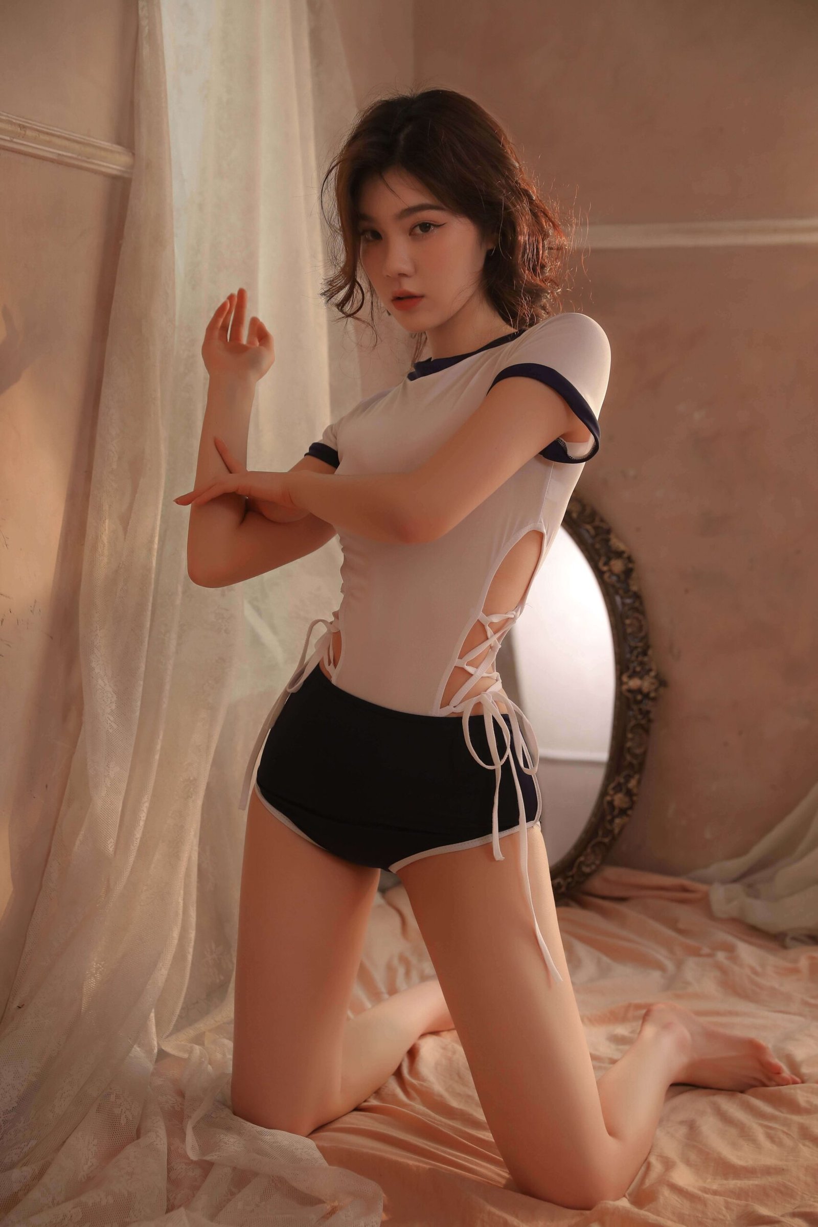 Stretch nylon fabric close-up, athletic lingerie set