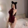 Wholesale Qipao Dress - Burgundy Halter Lingerie with Chest Cut-Out - Thumbnail Image 6
