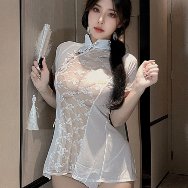 Wholesale white qipao, sheer mesh cheongsam dress
