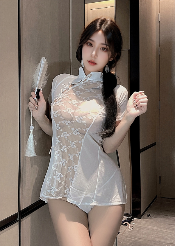 Wholesale white qipao, sheer mesh cheongsam dress